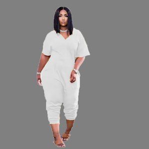 Plus Size Plain Short-Sleeved Straight Jumpsuit